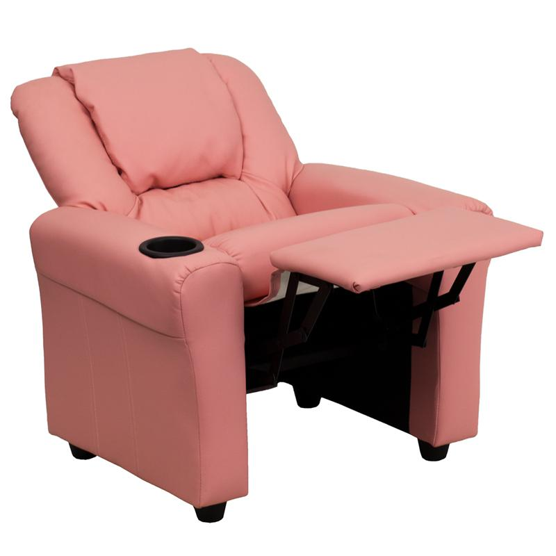 Contemporary Pink Vinyl Kids Recliner with Cup Holder and Headrest