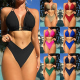 Women's High-Stretch Solid-Color Bikini Swimsuit