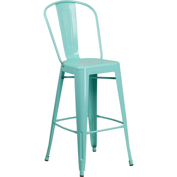 a blue bar stool with a back
