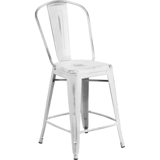 24" High Distressed White Metal Indoor-Outdoor Counter Height Stool with Back
