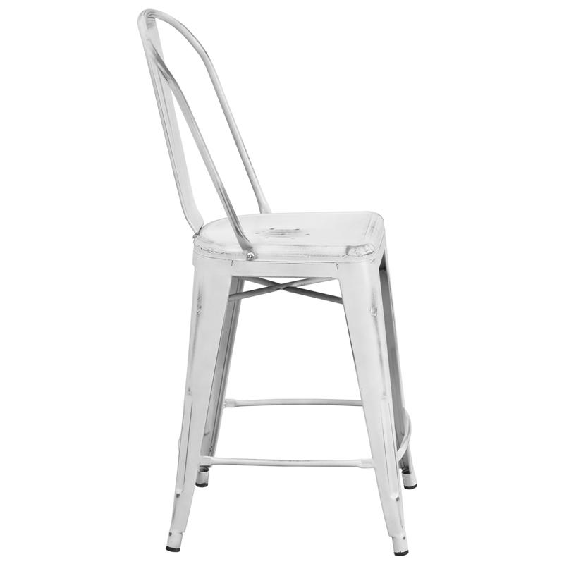 24" High Distressed White Metal Indoor-Outdoor Counter Height Stool with Back