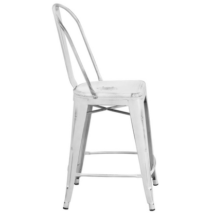 24" High Distressed White Metal Indoor-Outdoor Counter Height Stool with Back