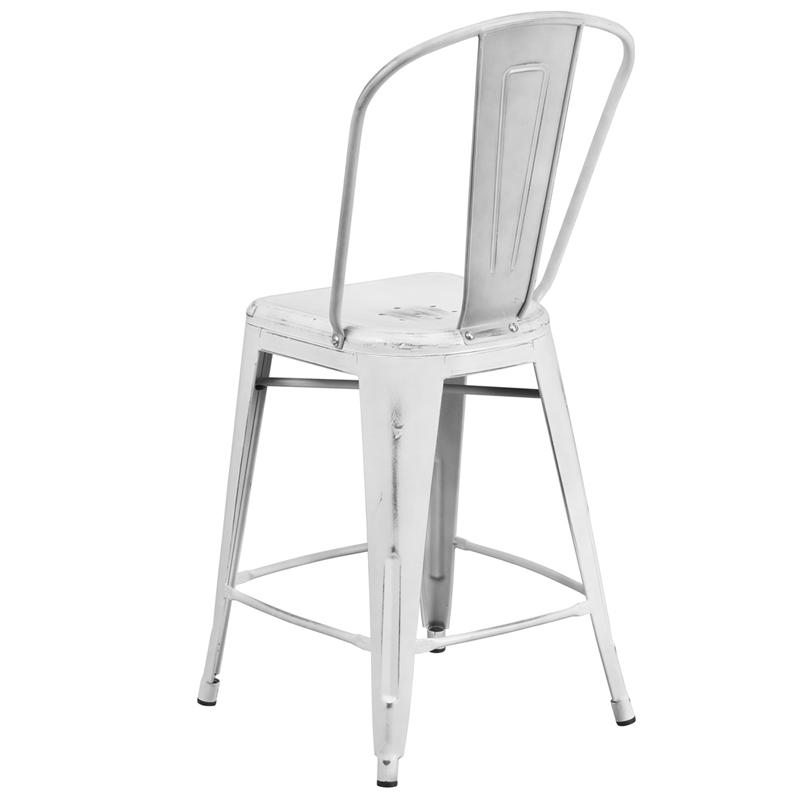 24" High Distressed White Metal Indoor-Outdoor Counter Height Stool with Back
