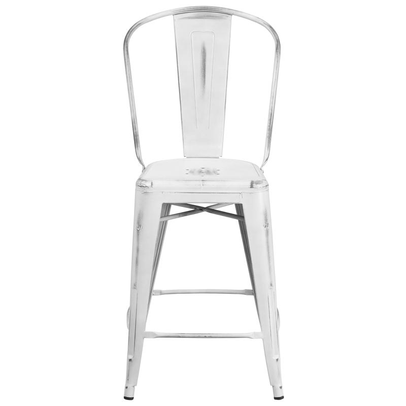 24" High Distressed White Metal Indoor-Outdoor Counter Height Stool with Back