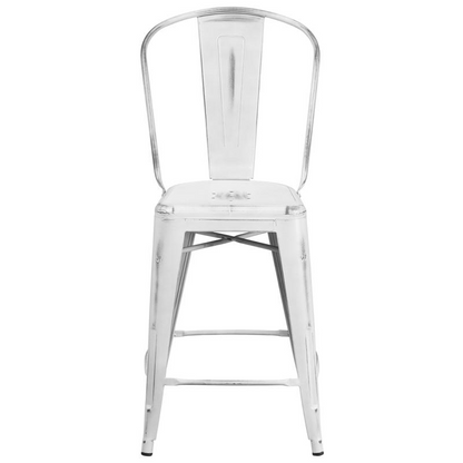 24" High Distressed White Metal Indoor-Outdoor Counter Height Stool with Back
