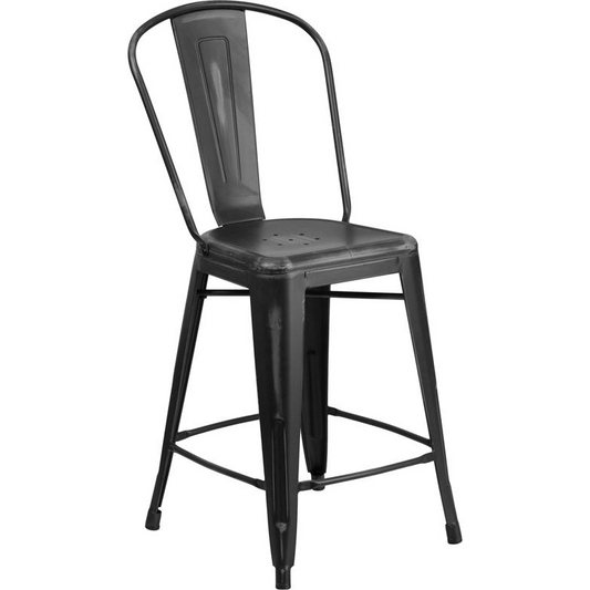 24" High Distressed Black Metal Indoor-Outdoor Counter Height Stool with Back