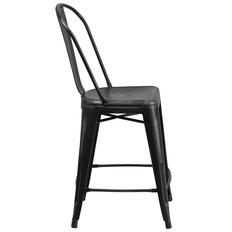 24" High Distressed Black Metal Indoor-Outdoor Counter Height Stool with Back