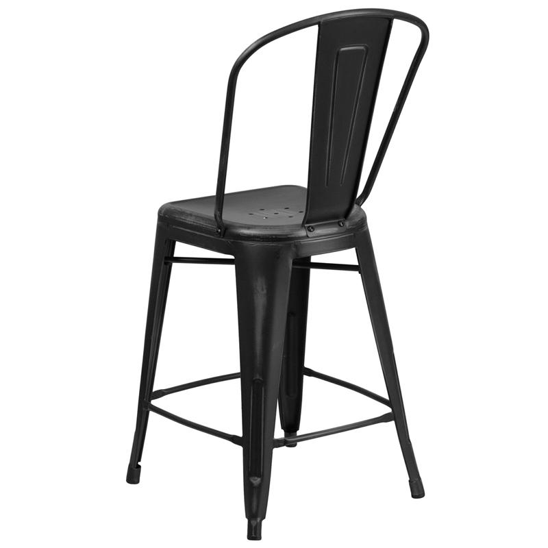 24" High Distressed Black Metal Indoor-Outdoor Counter Height Stool with Back
