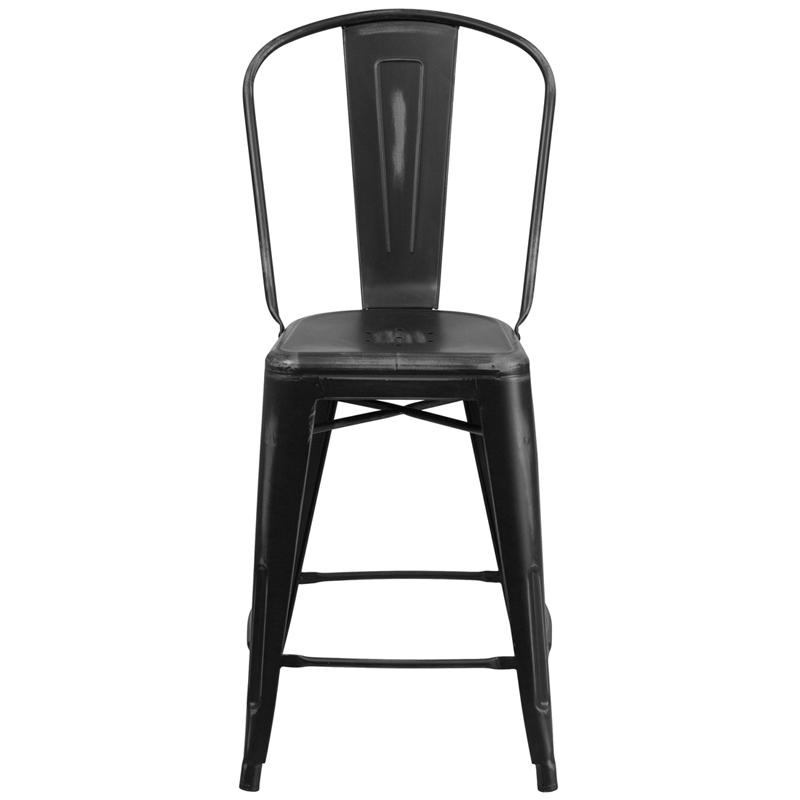 24" High Distressed Black Metal Indoor-Outdoor Counter Height Stool with Back