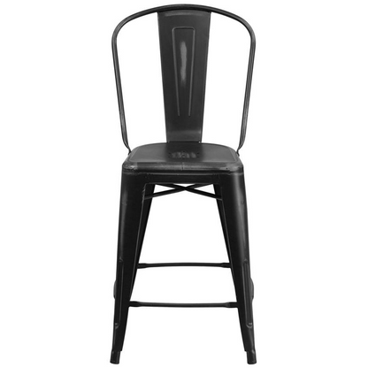24" High Distressed Black Metal Indoor-Outdoor Counter Height Stool with Back