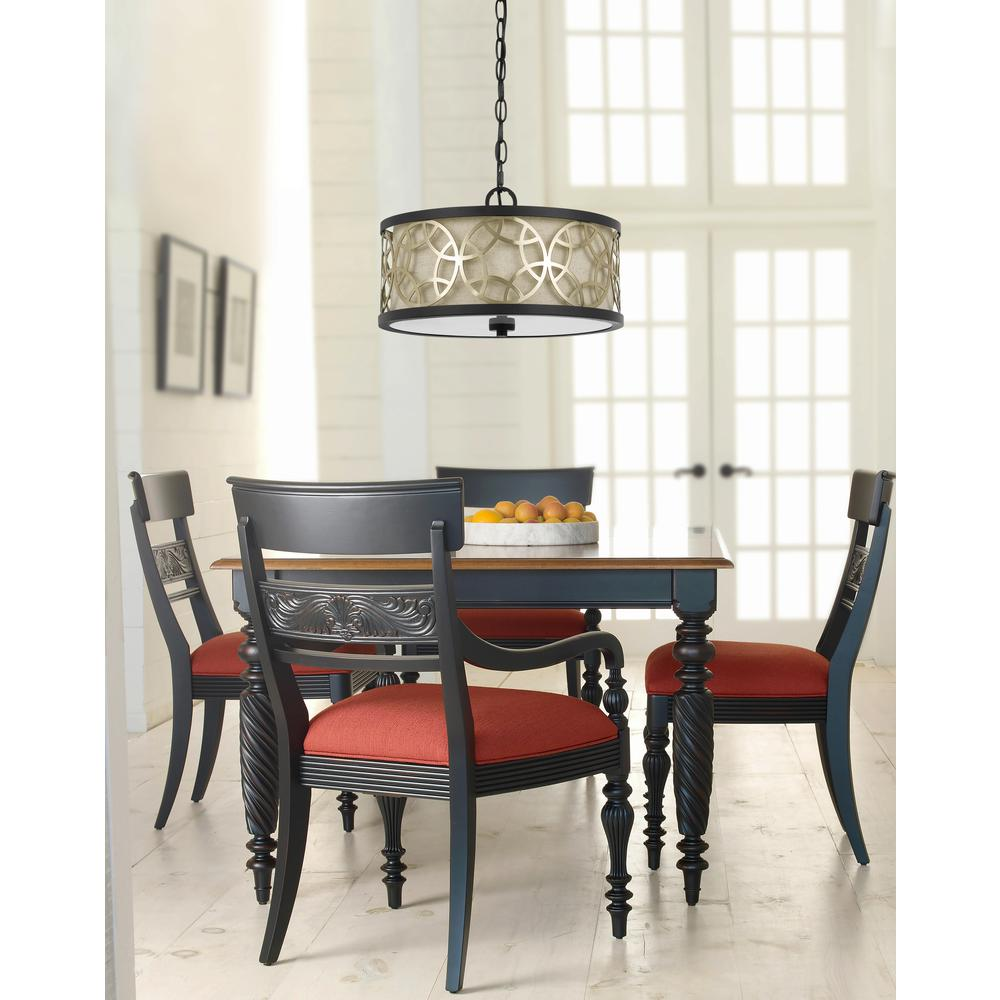 a dining table with chairs and a chandelier