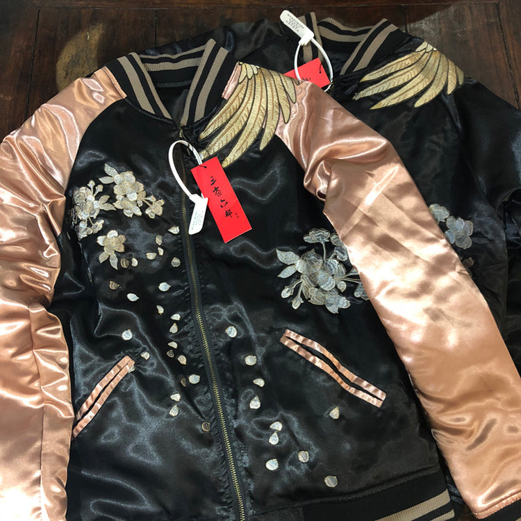 a jacket with a pink label