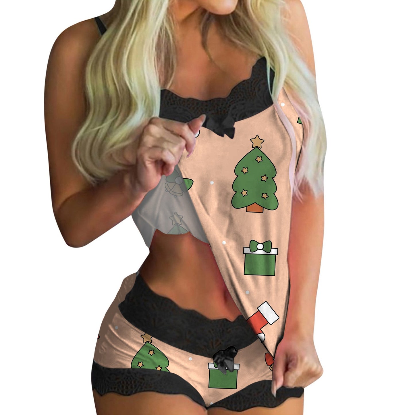 European And American Lace Sexy Sweet Print Suspender Two-piece Pajamas