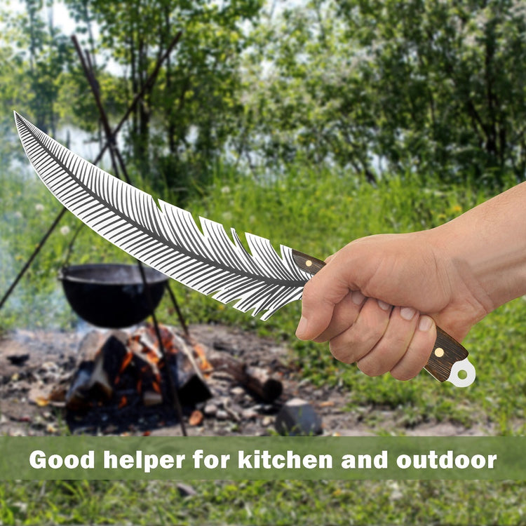 a hand holding a knife over a campfire