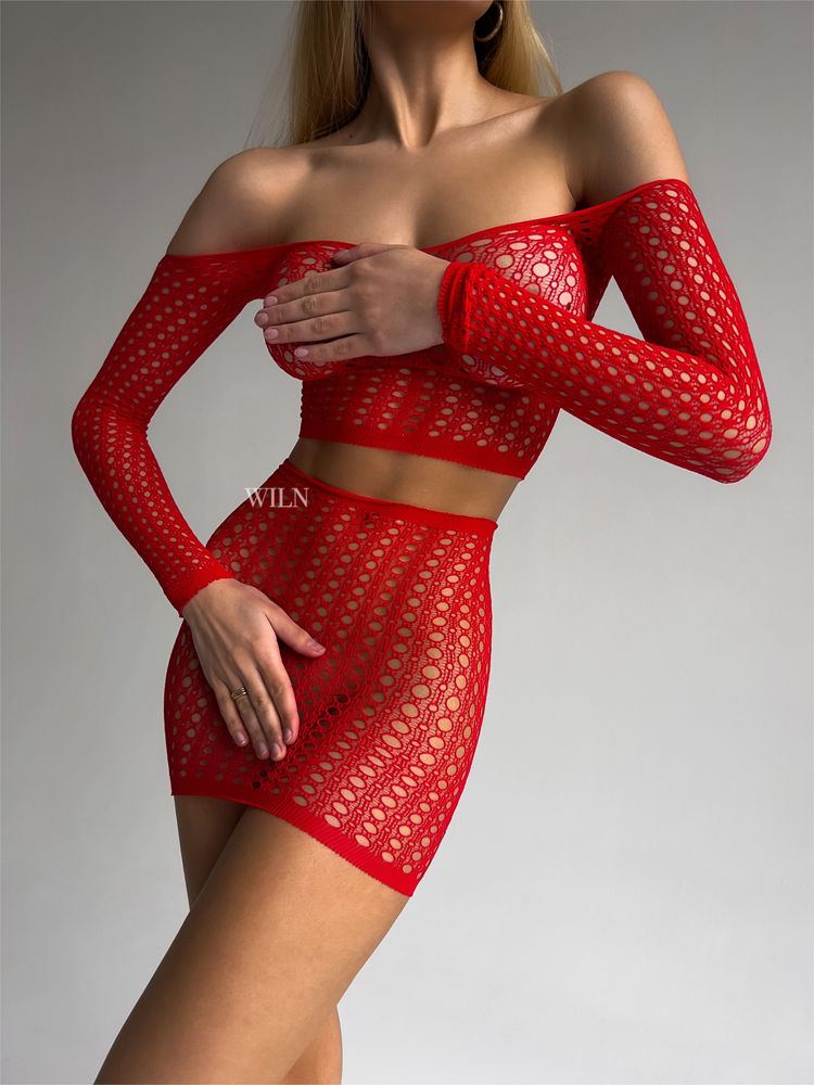 a woman in a red dress