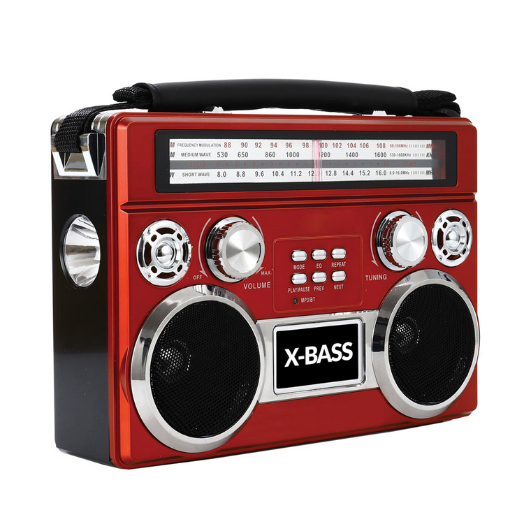a red radio with silver accents