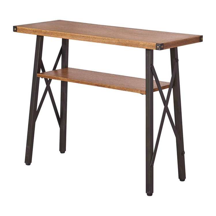 a wooden table with a metal frame