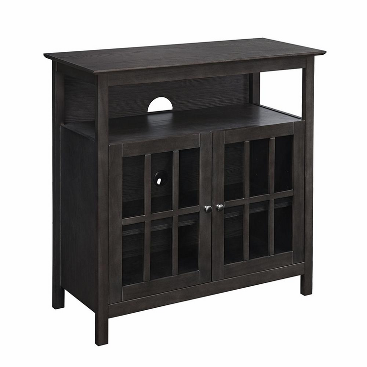 a black cabinet with glass doors