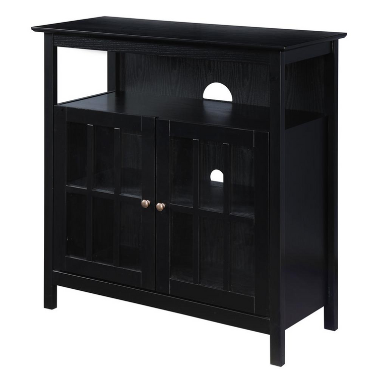a black cabinet with glass doors