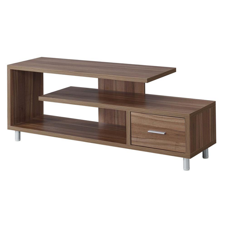a brown wooden shelf with a drawer