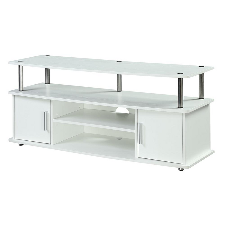 a white tv stand with two shelves