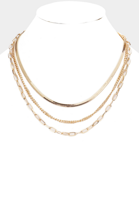 3 Layer Herringbone and Link Gold Necklace