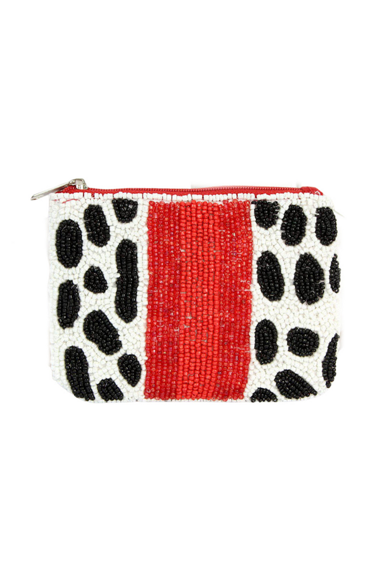 a red and black beaded purse