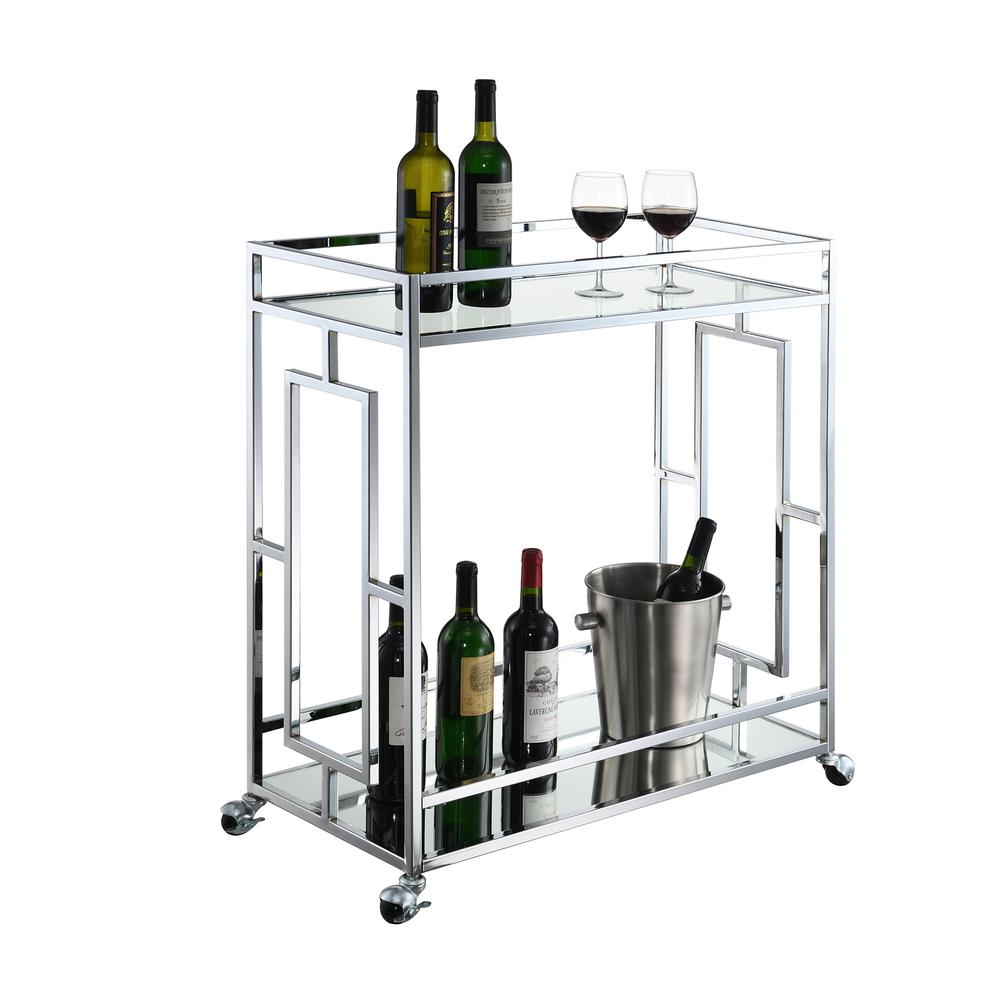 a glass and metal cart with bottles and a bucket of wine