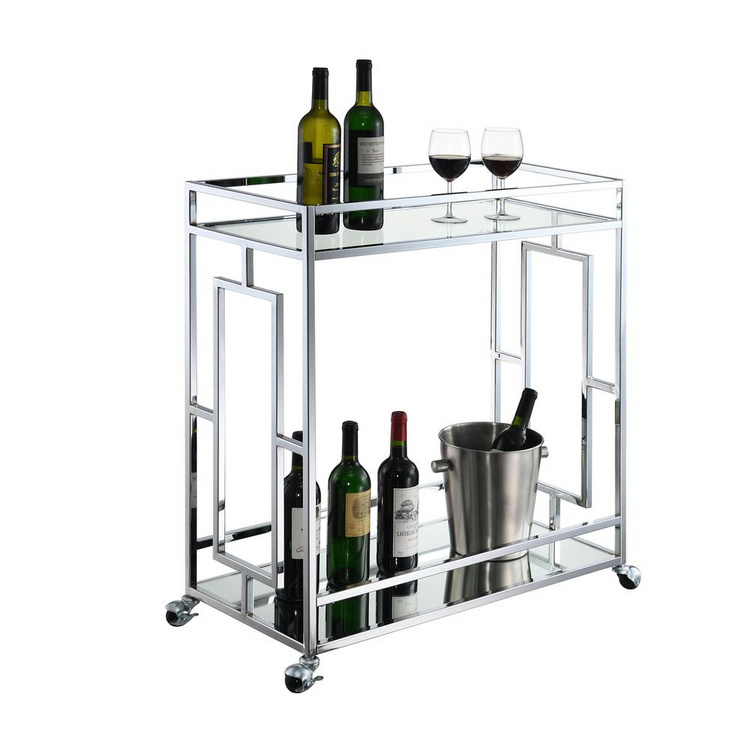 a glass and metal cart with bottles and a bucket of wine