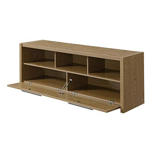 a brown wooden shelf with a sliding door
