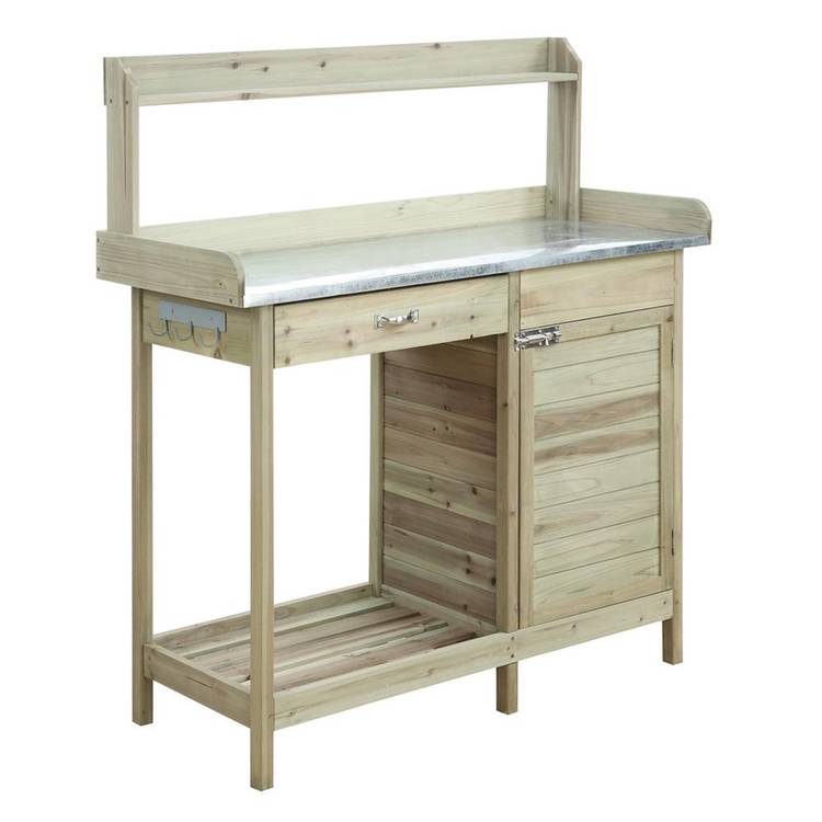 a wooden table with a metal top