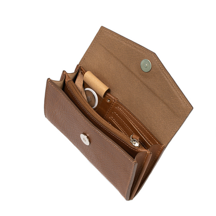 a brown wallet with a ring inside