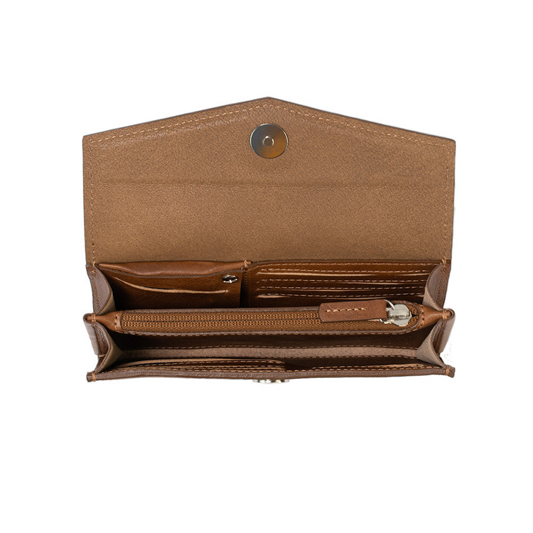 a brown wallet with a button
