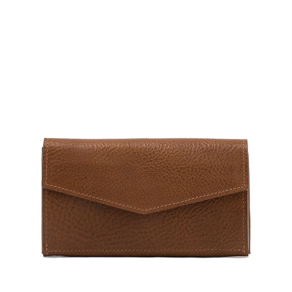 a brown leather wallet with a white background