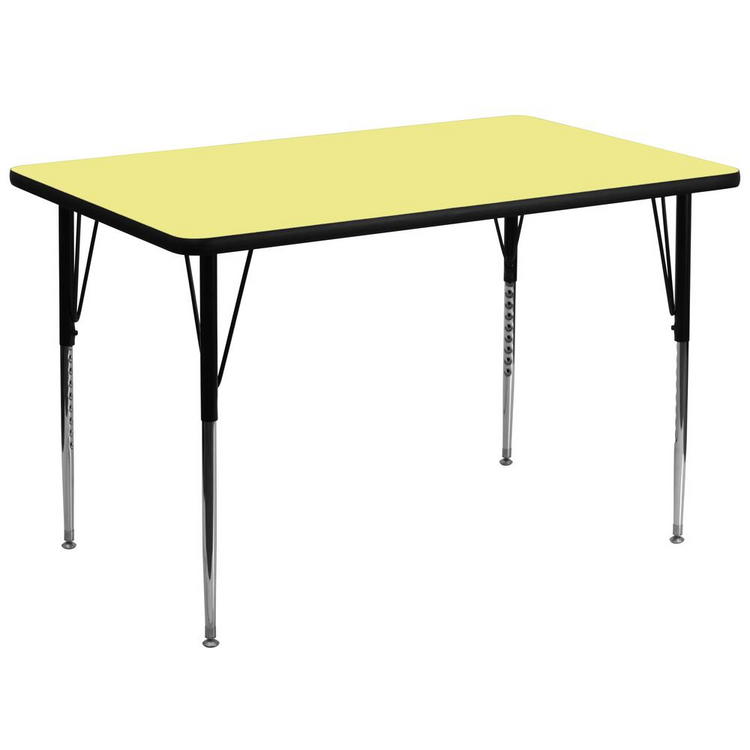 a yellow rectangular table with black legs