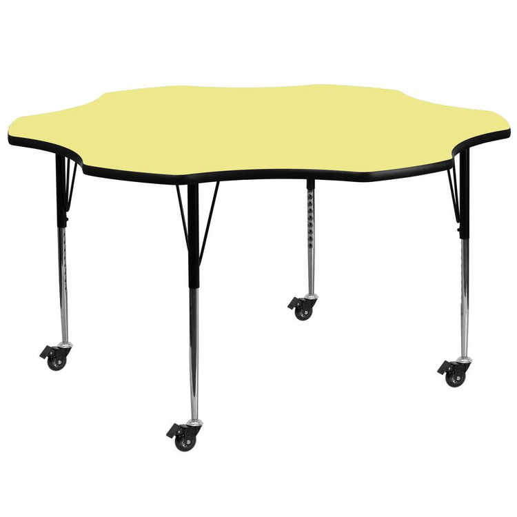 a yellow table with wheels