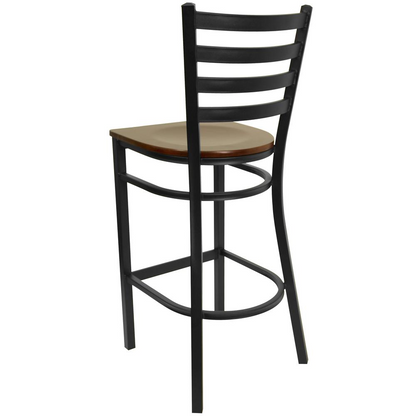 Black Ladder Back Metal Restaurant Barstool - Mahogany Wood Seat