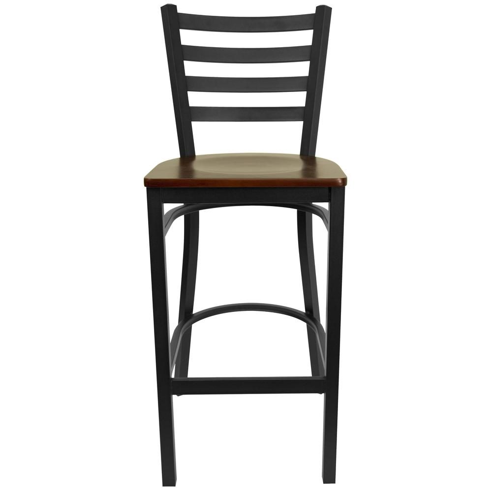 Black Ladder Back Metal Restaurant Barstool - Mahogany Wood Seat