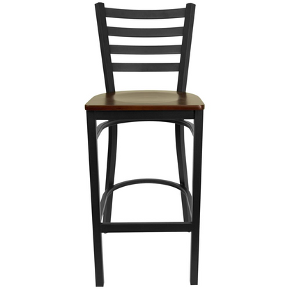Black Ladder Back Metal Restaurant Barstool - Mahogany Wood Seat