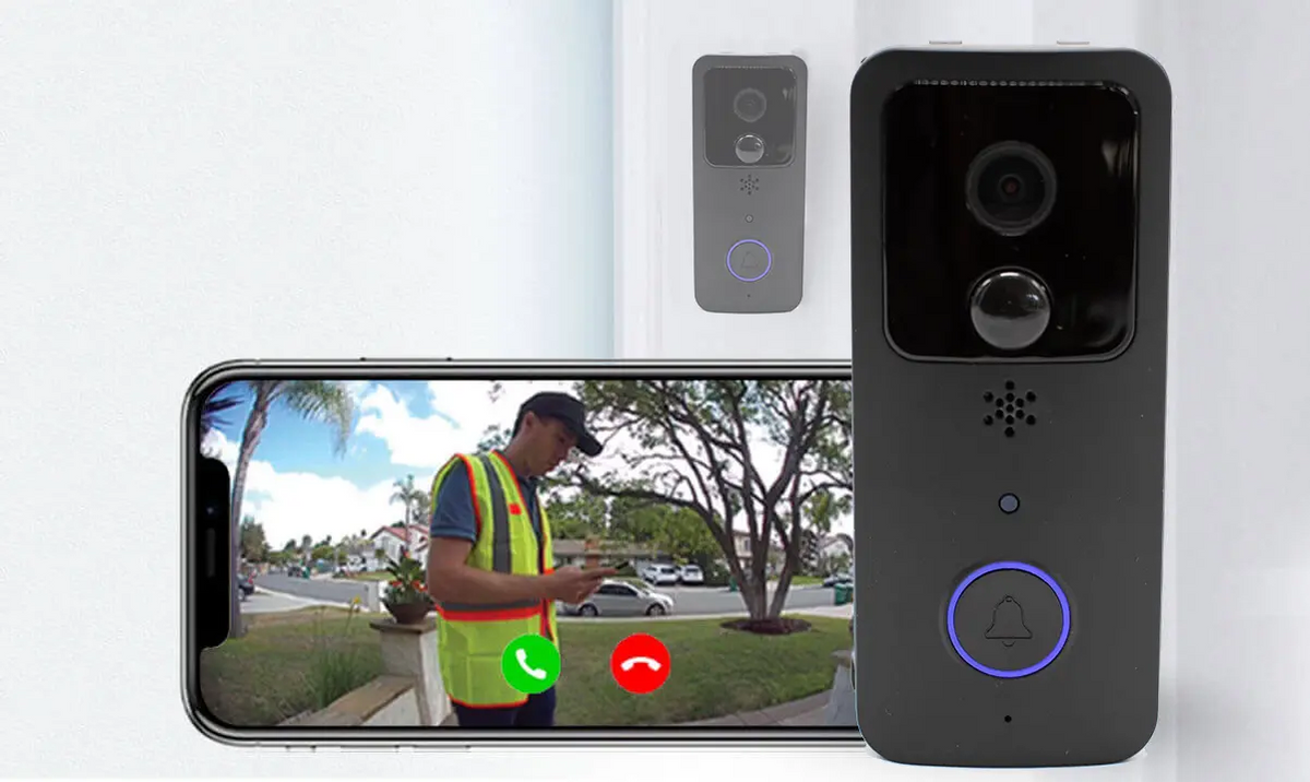 a phone with a camera and a man in a vest