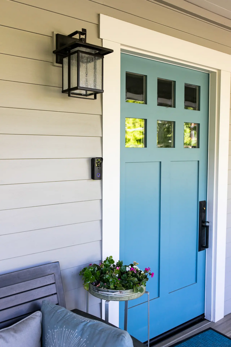 a blue door with glass panes and a planter
