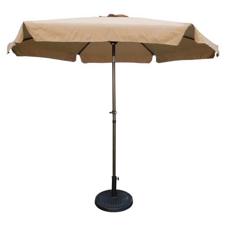 a tan umbrella on a stand