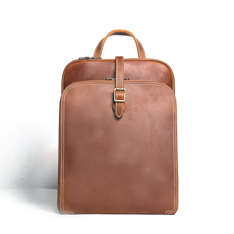 a brown leather backpack with a white background
