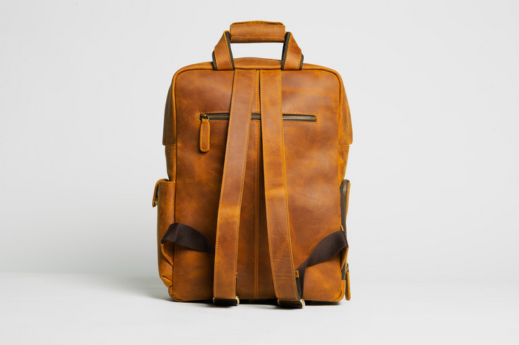 a brown leather backpack with straps