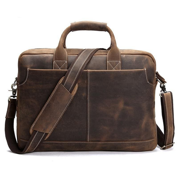 a brown leather briefcase with a strap