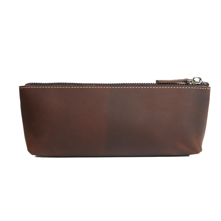 a brown leather pouch with zipper