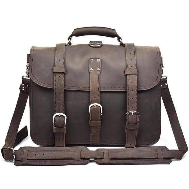 a brown leather briefcase with straps