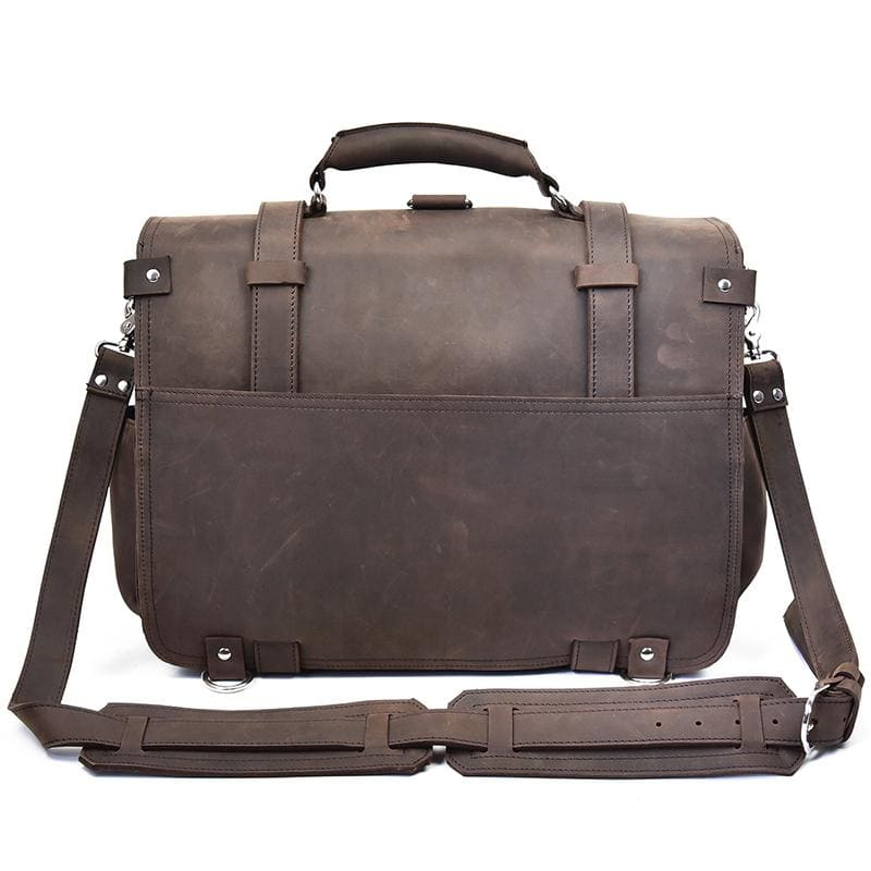a brown leather briefcase with straps