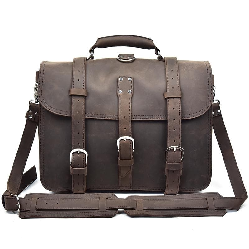 a brown leather briefcase with straps