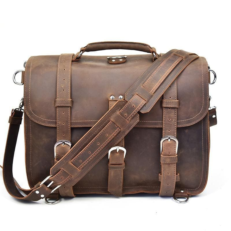 a brown leather briefcase with straps